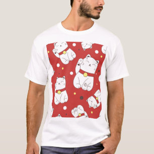 Camiseta Gato Maneki-Neko, patrón de doodle japonés.