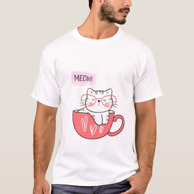 Camiseta gato maullar en una taza (Anverso)