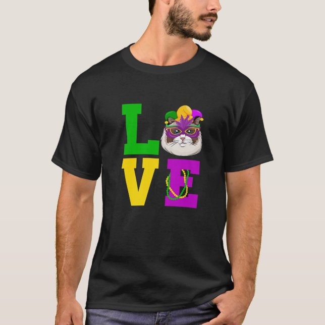 Camiseta Gato me encanta Mardi Gras disfraz Mascota Cat Kit (Anverso)