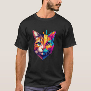 Camiseta Gato Medio Rostro Colorido Abstracto Geometría Lin