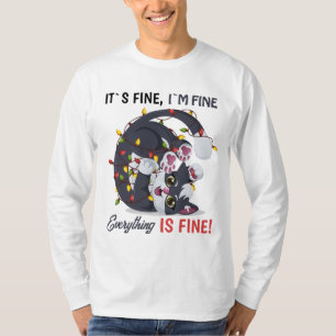 Camiseta Gato Meme Está Bien Estoy Bien en Luces de Navidad
