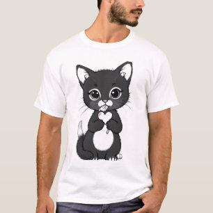 Camiseta Gato Minimalista Adorable Sosteniendo Corazón y Ch