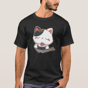 Camiseta Gato Minino Comiendo Sushi Japonés Maki Palillos