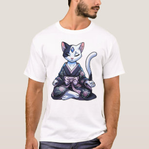 Camiseta Gato Místico Meditando en Kimono Floral