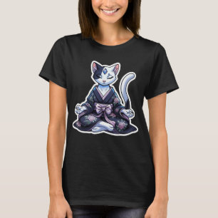 Camiseta Gato Místico Meditando en Kimono Floral Negro