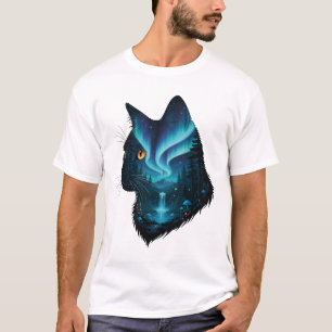 Camiseta Gato Místico Silueta del Bosque de las Luces del N