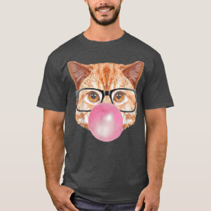 Camiseta Gato moderno lindo con gafas y chicle rosa