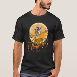 Camiseta Gato monta bruja escopeta luna vintage gato Hallow