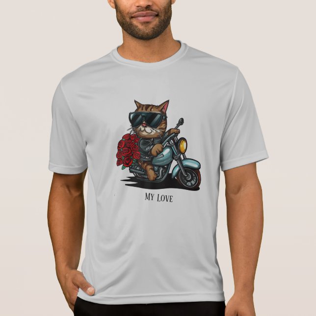 Camiseta Gato montando motocicleta rosas rojas flores mi am (Anverso)