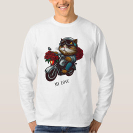 Camiseta Gato montando motocicleta rosas rojas flores mi am