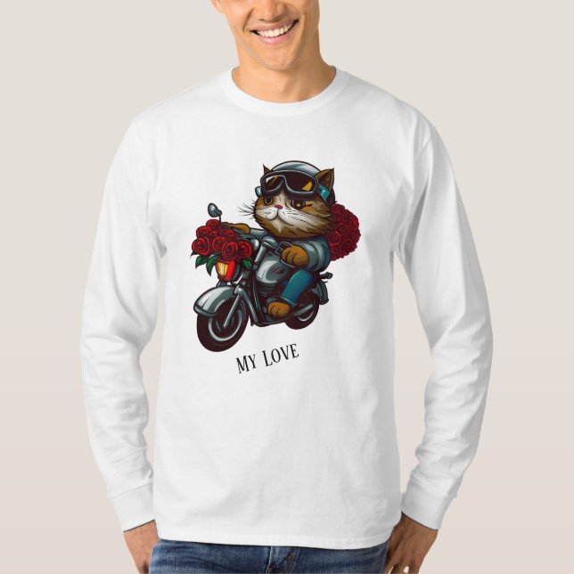 Camiseta Gato montando motocicleta rosas rojas flores mi am (Anverso)