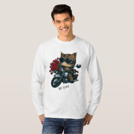 Camiseta Gato montando motocicleta rosas rojas flores mi am