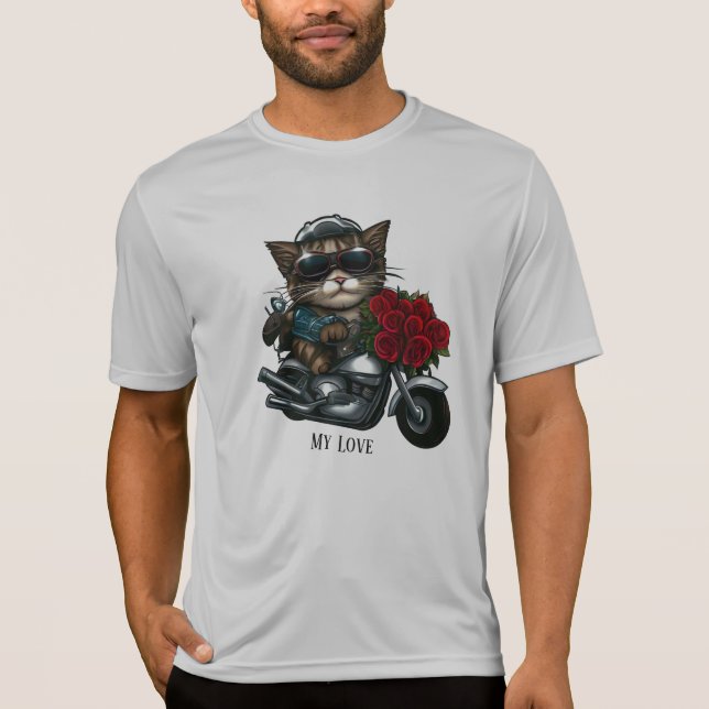 Camiseta Gato montando motocicleta rosas rojas flores mi am (Anverso)