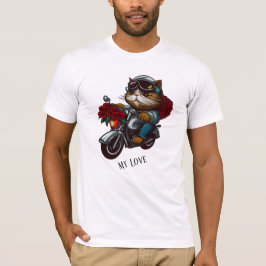 Camiseta Gato montando motocicleta rosas rojas flores mi am