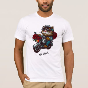 Camiseta Gato montando motocicleta rosas rojas flores mi am