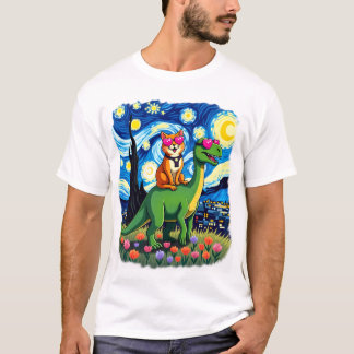 Camiseta Gato montando T-Rex dinosaurio noche estrellada am