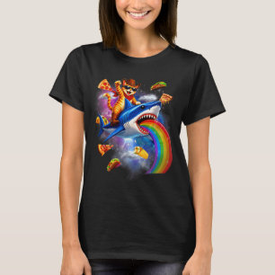 Camiseta Gato montando tiburón arcoíris pizza taco galaxia