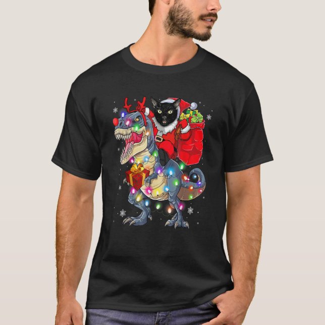 Camiseta Gato Montando Un Dinosaurio Rex Navidades (Anverso)