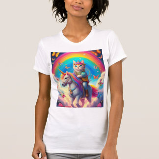 Camiseta Gato montando un unicornio con arcoíris y mariposa