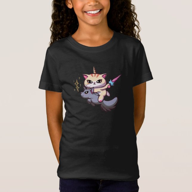 Camiseta Gato montando unicornio con varita mágica (Anverso)