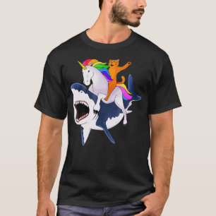 Camiseta Gato montando unicornio montando regalo de tiburón