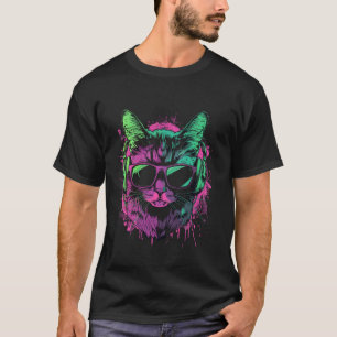 Camiseta gato morado DJ con auriculares y gafas de sol gati
