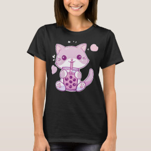 Camiseta Gato morado Kawaii que bebe té Boba