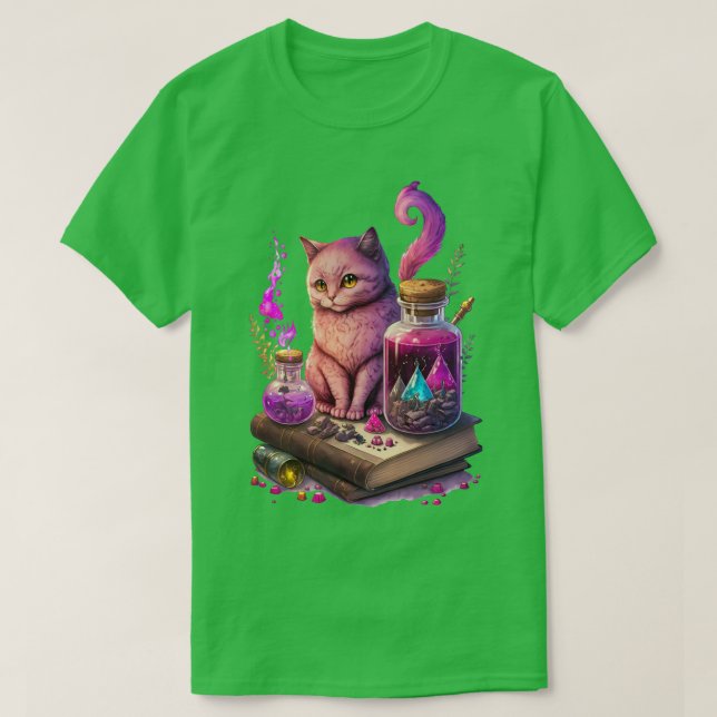 Camiseta Gato morado lindo con libros y hechizos mágicos (Diseño del anverso)