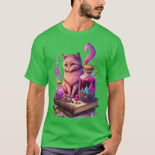 Camiseta Gato morado lindo con libros y hechizos mágicos