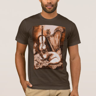 Camiseta GATO MUSICAL, marrón y blanco