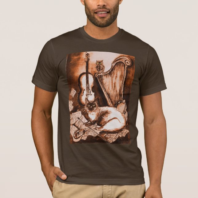 Camiseta GATO MUSICAL, marrón y blanco (Anverso)