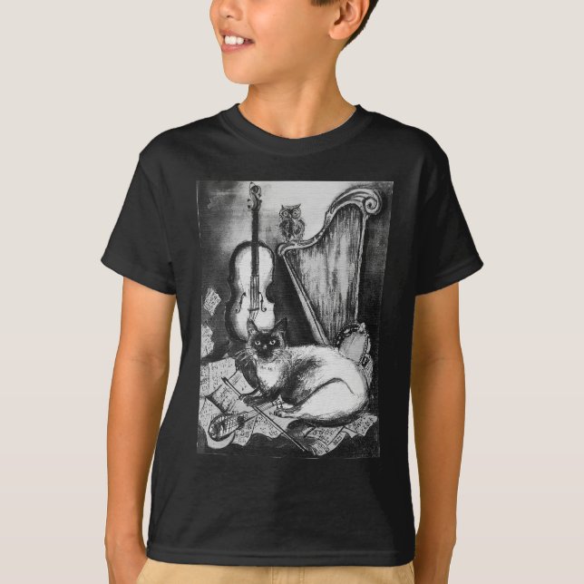 Camiseta GATO MUSICAL, OWL,VIOLIN,HARP Black White Gray Mus (Anverso)