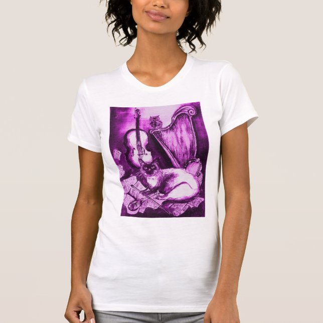 Camiseta GATO MUSICAL, violeta púrpura y blanco (Anverso)