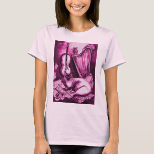 Camiseta GATO MUSICAL, Violeta Rosa y Blanco