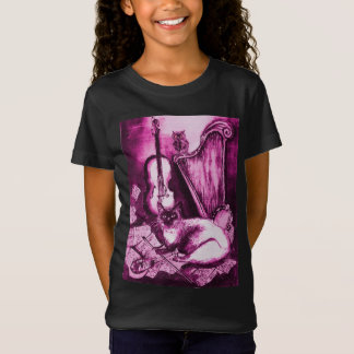 Camiseta GATO MUSICAL Y OWL color rosa Fuchsia morado blanc