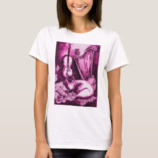 Camiseta GATO MUSICAL Y OWL color rosa Fuchsia morado blanc