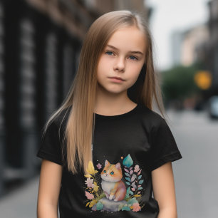 Camiseta Gato Naranja acuarela con flores