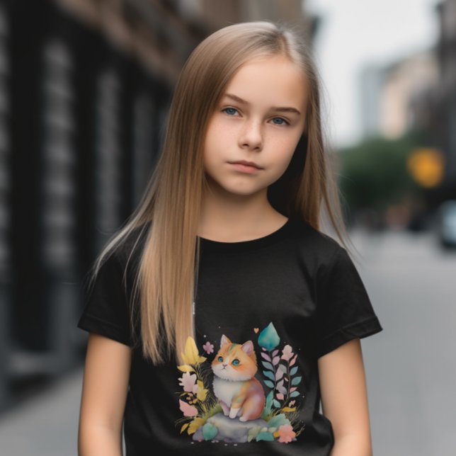 Camiseta Gato Naranja acuarela con flores (Subido por el creador)