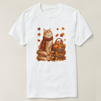 Camiseta Gato Naranja Adorable Bufanda de Otoño Canasta de