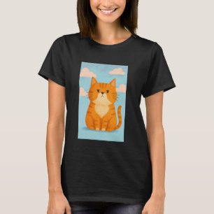 Camiseta Gato Naranja Adorable con Cielo Azul y Nubes Rosad