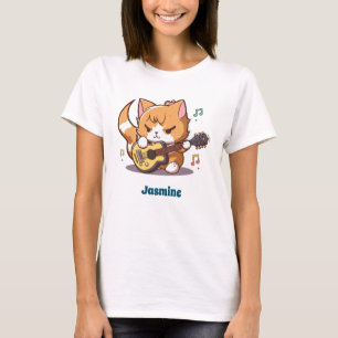 Camiseta Gato Naranja Adorable Tocando Guitarra