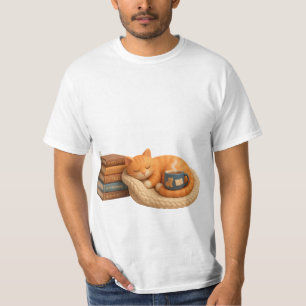 Camiseta Gato Naranja Atigrado Durmiendo junto a Libros y C