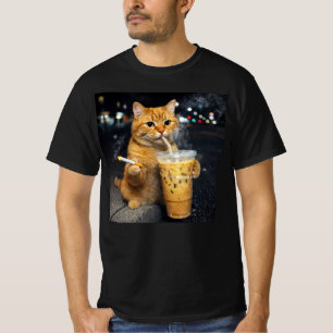 Camiseta gato naranja bebiendo café helado fumando cigarril