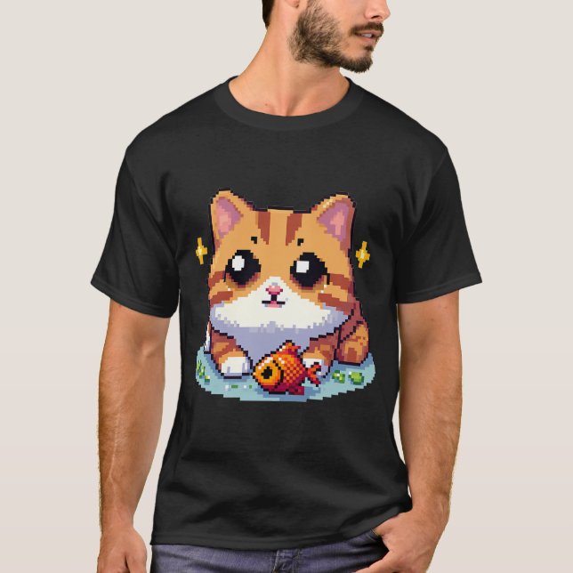 Camiseta Gato naranja con pixelart de pez (Anverso)