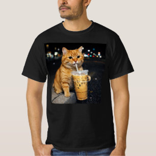 Camiseta Gato naranja divertido bebiendo café helado, meme 
