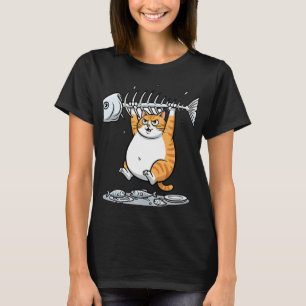 Camiseta Gato naranja divertido que sostiene esqueleto de p