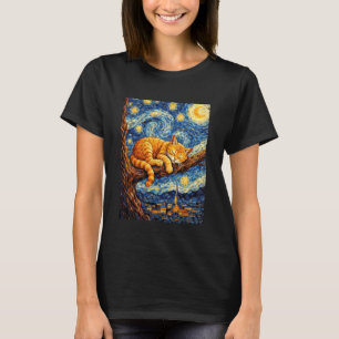 Camiseta Gato naranja dormido lindo noche acogedora estrell