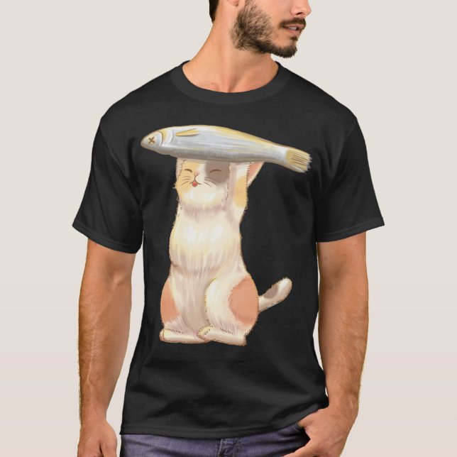 Camiseta Gato naranja feliz con pescado (Anverso)