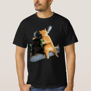 Camiseta Gato Naranja Gato Negro Fumando Meme Antiguo Duo