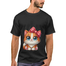 Gato naranja Kawaii con lazo rojo de lunares blanc